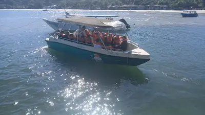 Barco de passageiros navega em águas calmas diante de uma praia com mata e construções à beira-mar. A luz forte do dia reflete na superfície da baía, criando brilhos sobre a água.