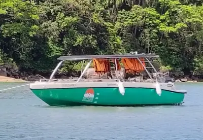 Barco de passeio verde navega em águas calmas diante de uma faixa de mata densa na Ilha do Mel. A luz natural diurna destaca o casco, as cadeiras alaranjadas e o verde da vegetação ao fundo.