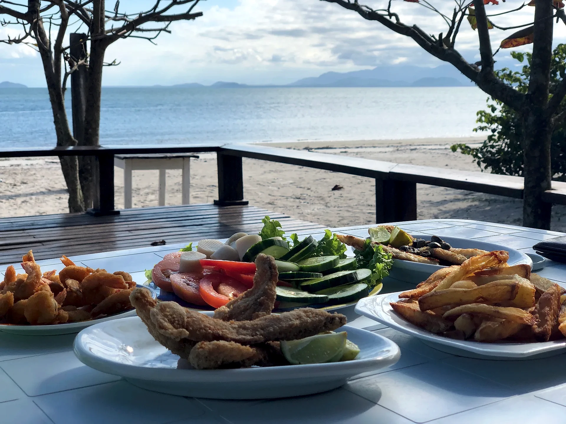 Pratos de frutos do mar, salada e batatas são servidos em mesa à beira da praia, com o mar e montanhas ao fundo. O ambiente sombreado por árvores recebe luz suave de dia parcialmente nublado.