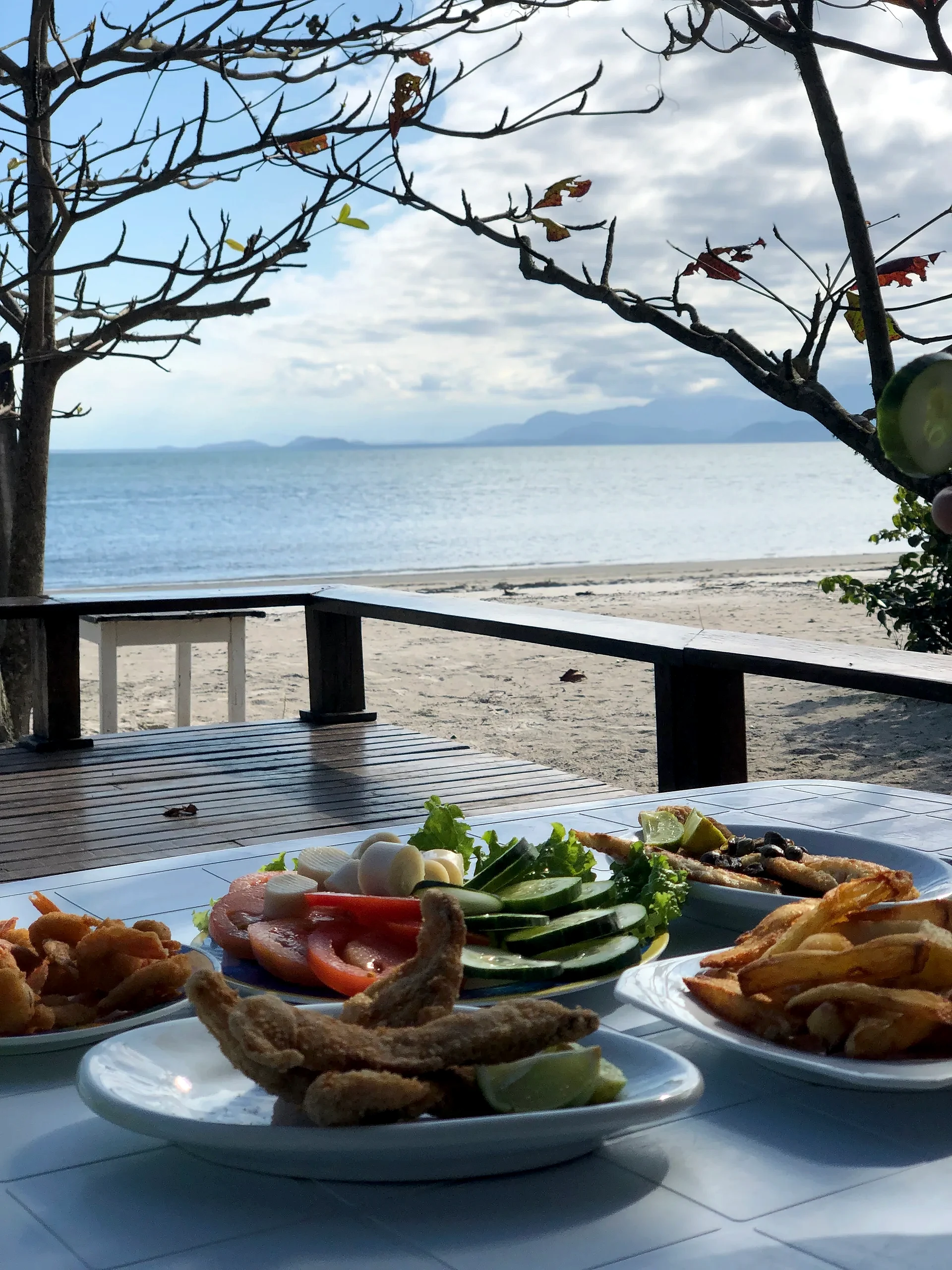 Mesa com pratos de frutos do mar em varanda de madeira diante de uma praia tranquila, com mar e montanhas ao fundo. Galhos em primeiro plano emolduram a paisagem sob luz natural suave e céu parcialmente nublado.